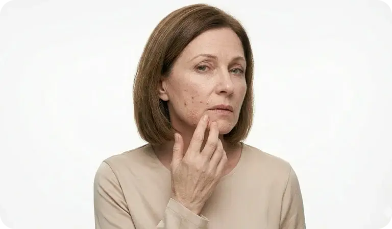 Woman looking at a blemish on her skin