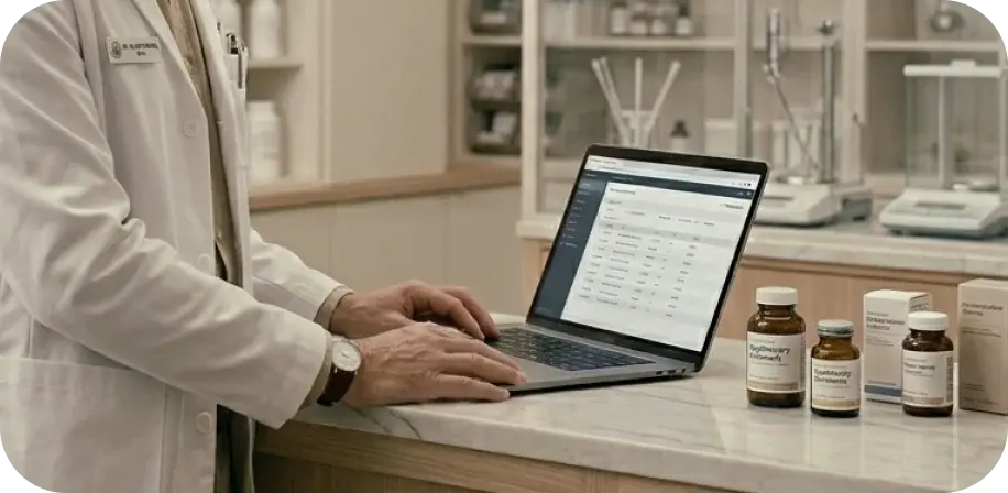 Pharmacist confirming an order on a laptop